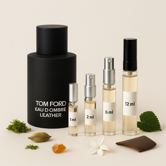 Tom Ford Eau d’Ombre Leather 瓶身,搭配 1ml、2ml、6ml、12ml 试用喷雾,置于浅色背景上,并点缀小豆蔻、茉莉、琥珀、苔藓与皮革元素
