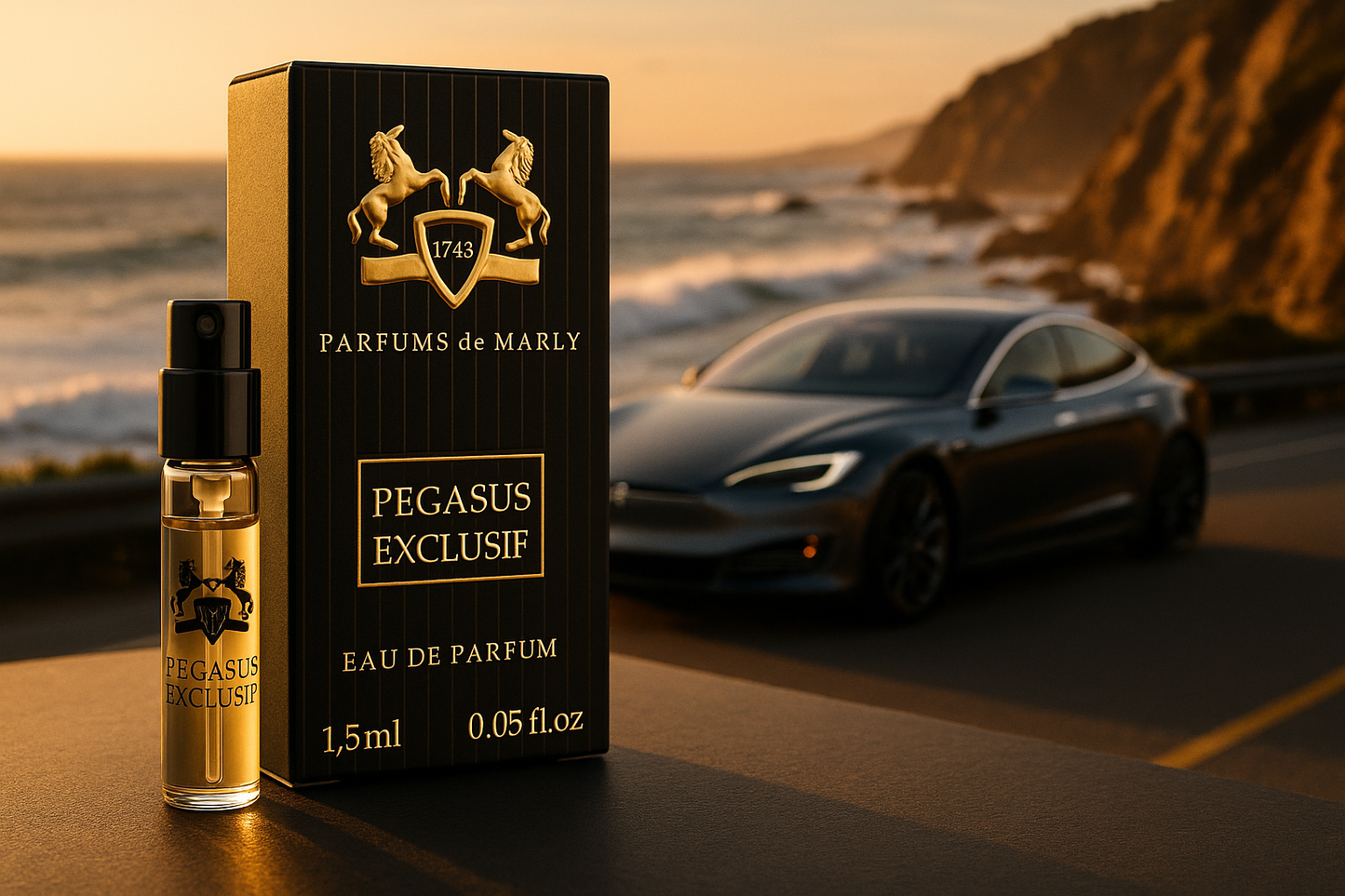 Parfums De Marly Pegasus Exclusif 官方香水样品 1.5ml 0.05 fl. o.z. 香水测试仪,背景是海岸边的豪华电动车