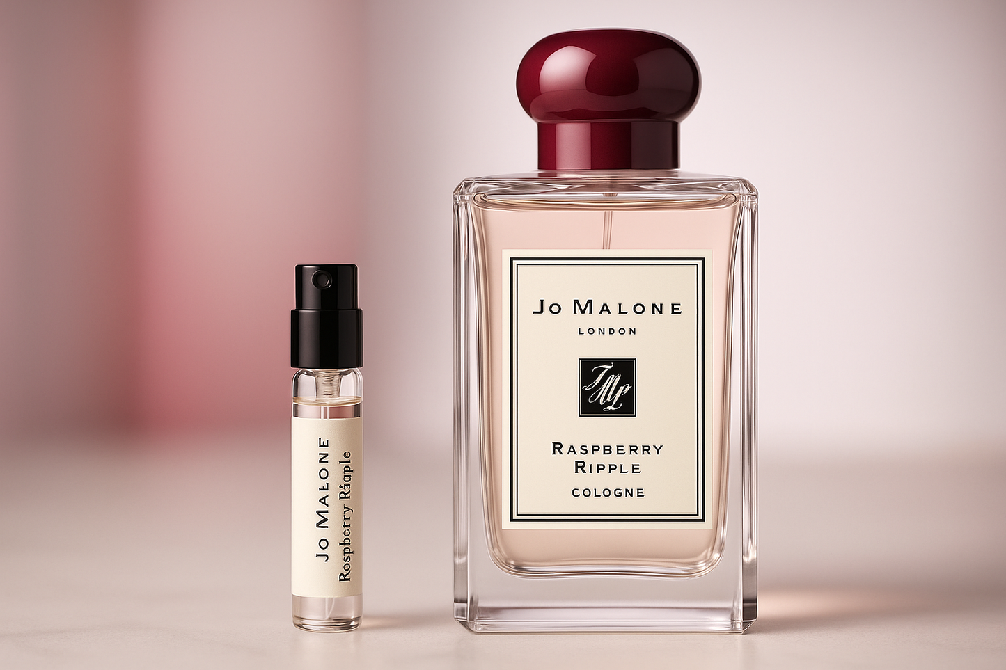 Jo Malone Raspberry Ripple Cologne 香水样品，1ml 香水样品放在 100ml 大小的 Jo Malone Raspberry Ripple Cologne 香水瓶旁边