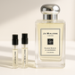 Jo Malone 银桦树与薰衣草古龙水香水样品 1ml 放在 Jo Malone 银桦树 100ml 香水旁边