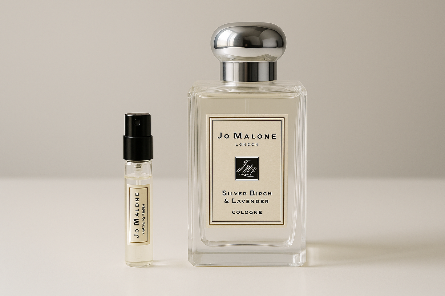 Jo Malone 银桦树与薰衣草古龙水香水样品，2ml 香水样品放在 100ml Jo Malone 银桦树与薰衣草香水旁边
