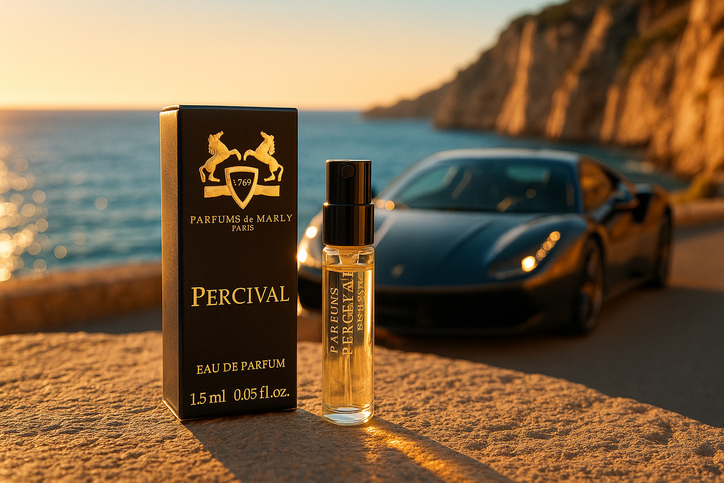 Parfums De Marly Percival 官方香水样品 1.5ml 0.05 fl. oz 香水测试仪，在海边的豪华轿车后面