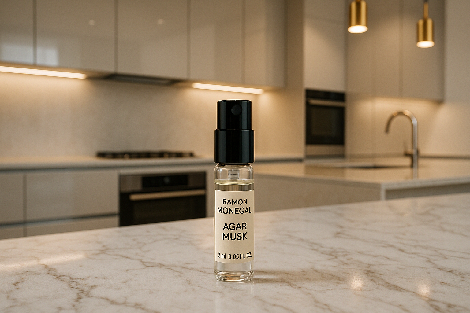 Ramon Monegal Agar Musk 官方香水样品 2ml 0.06 液体盎司香水测试仪，在豪华意大利设计厨房中