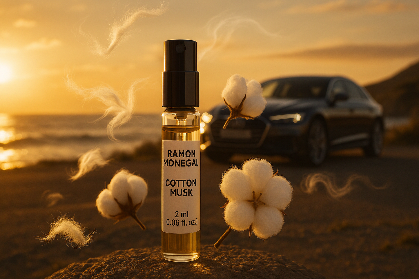 Ramon Monegal Cotton Musk 官方香水样品 2ml 0.06 fl.o.z 香水试用装，背景是日落时分的海岸边的豪华轿车，样品被棉麝香的香味所包围
