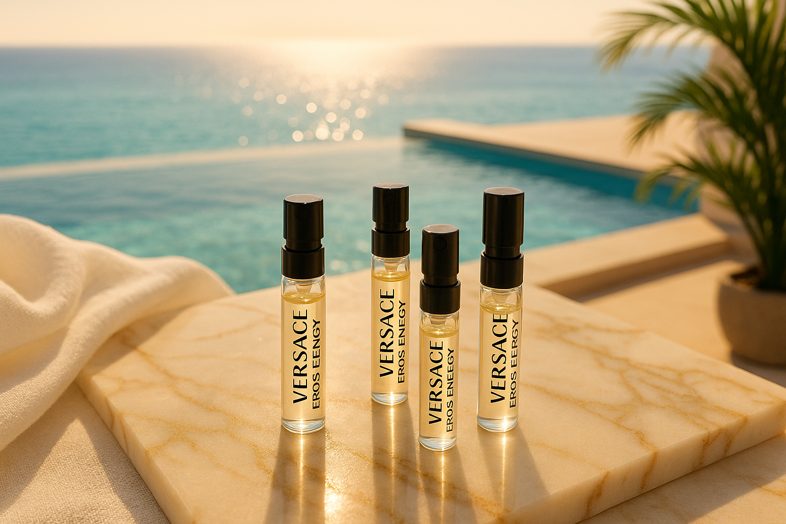 Versace Eros Energy 香水样品，背景是时尚的海景和泳池